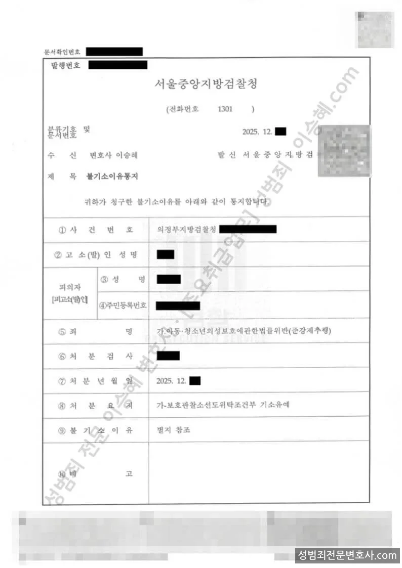 아청법위반(준강제추행) 처분문서(개인정보 삭제)