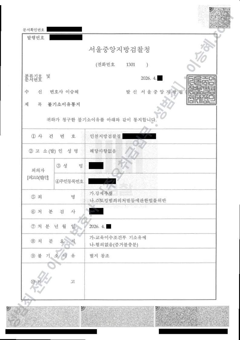 강제추행 · 스토킹처벌법위반 처분문서(개인정보 삭제)