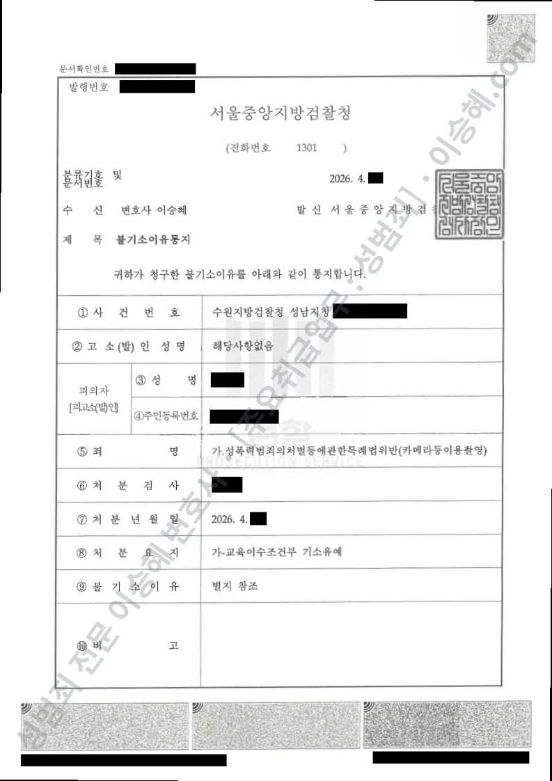 성폭법위반(카메라등이용촬영) 처분문서(개인정보 삭제)