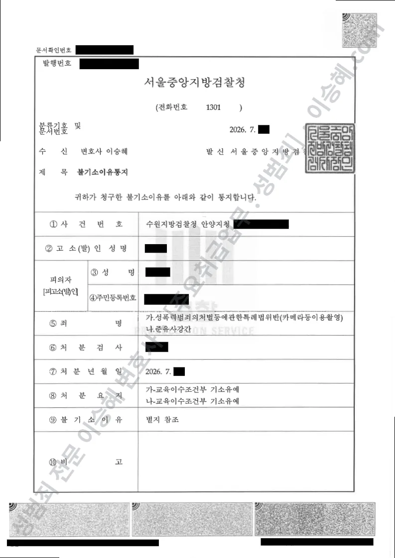 준유사강간 · 성폭법위반(카메라등이용촬영) 처분문서(개인정보 삭제)